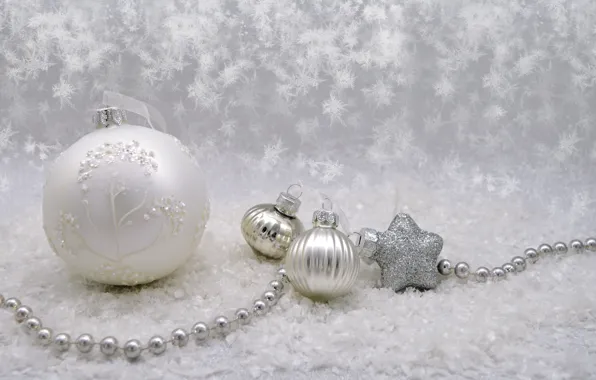 Winter, white, balls, snow, snowflakes, background, holiday, ball