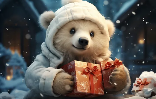 Winter, look, snow, night, jacket, Christmas, bear, hood