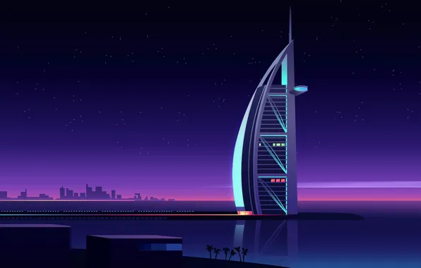 Minimalism, Night, Vector, The city, Stars, Style, Dubai, Dubai
