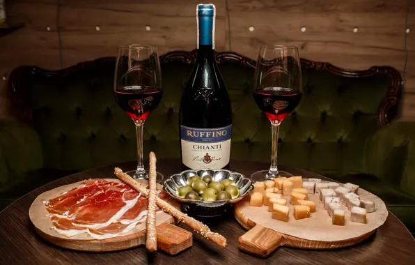 Picture wine, cheese, glasses, ham