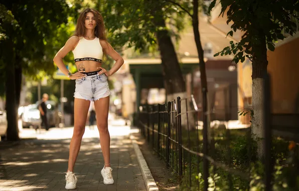 Shorts, woman, young, beautiful, model, tattoo, jeans, sneakers