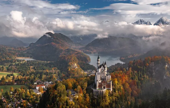 Picture house, mountains, dal, autumn, forest, height, blue, Neuschwanstein