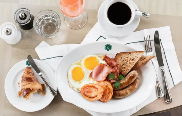 Coffee, Breakfast, scrambled eggs, tomato, bacon, toast, croissant, sausages