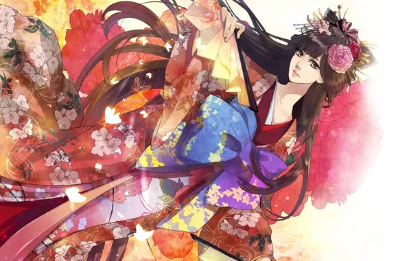 Girl, butterfly, flowers, fan, art, kimono, bow, clips