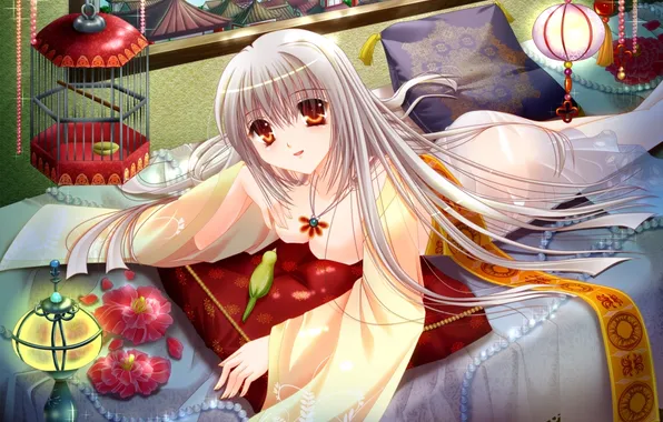 Bird and flowers, about her beads, girl lying on the couch