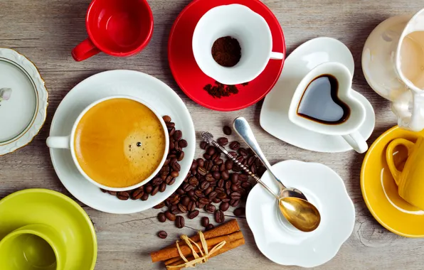 Coffee, grain, sticks, Cup, cinnamon, spices, spoon