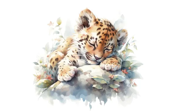 Leaves, kitty, sleep, watercolor, leopard, sleeping, white background, painting