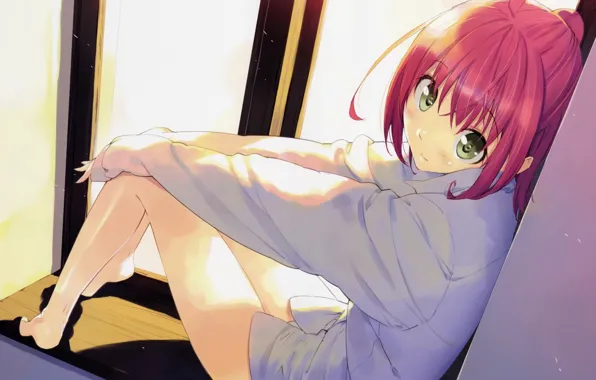 Look, girl, sitting, green eyes, red hair, white shirt, on the windowsill