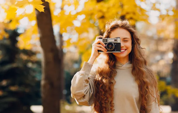 Autumn, look, girl, light, joy, nature, pose, smile