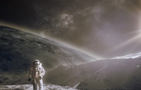 The sun, space, surface, light, the suit, helmet, astronaut