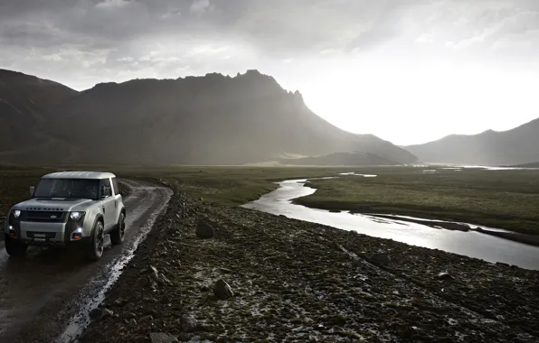 Picture road, landscape, mountains, stream, Land Rover, DC100
