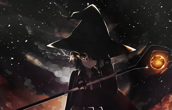 The sky, night, magic, girl, staff, spell, cloak, witch hat