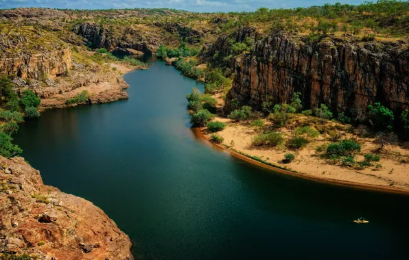 Trees, river, rocks, boat, Australia, National Park Nitmiluk