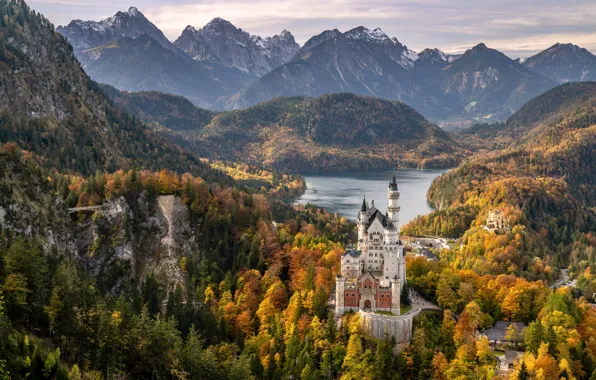 Autumn, forest, mountains, lake, castle, hills, Germany, Bayern