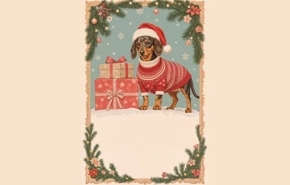 Winter, look, balls, snowflakes, dog, frame, Christmas, gifts