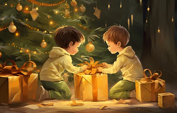 Picture Children, Christmas, New year, Tree, Two, Joy, Gifts, Digital art