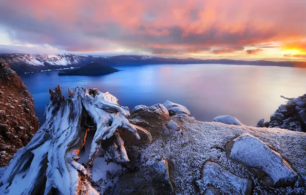 Picture winter, sea, landscape, sunset, mountains, nature, Bay