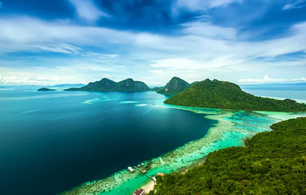 Sea, mountains, tropics, coast, island, Malaysia, Bohey Dulang Island
