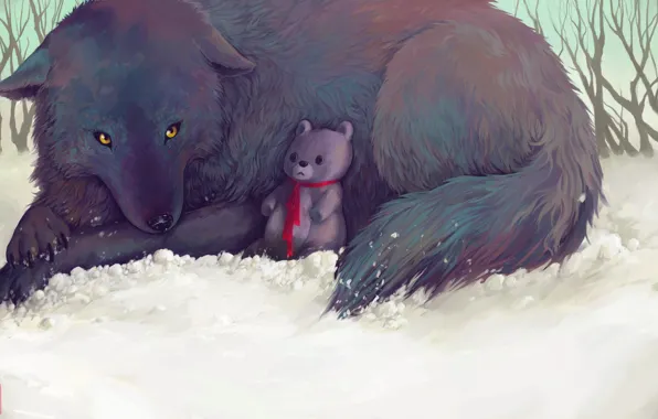 Winter, snow, nature, wolf, Teddy bear, by Glad-Sad