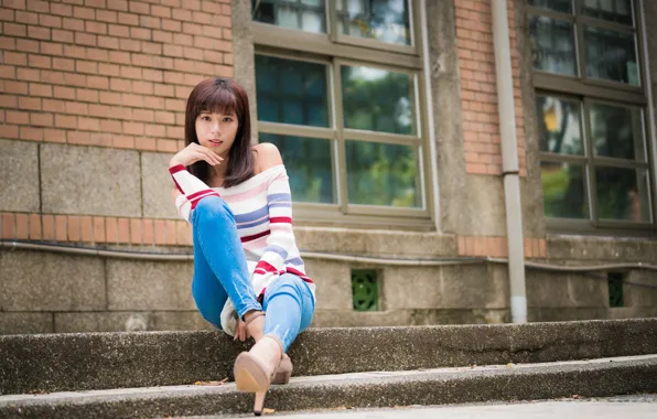 Picture look, girl, jeans, brown hair, Asian, sitting, sweater