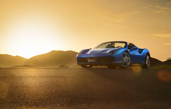 Ferrari, Blue, Front, Sunset, Spider, Supercar, 488
