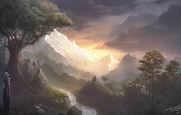 Mountains, river, view, waterfall, sword, warrior, cloak