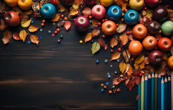Autumn, leaves, balls, branches, the dark background, foliage, apples, Board