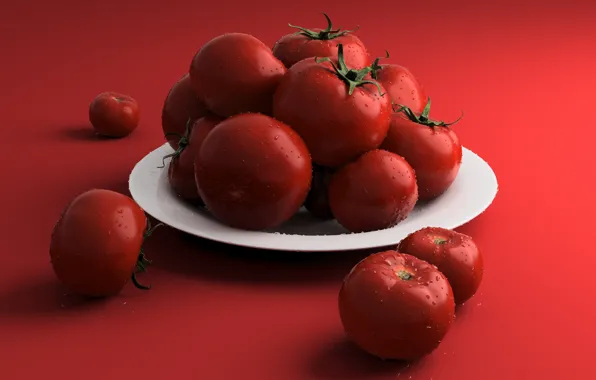 Plate, tomatoes, red background, tomatoes