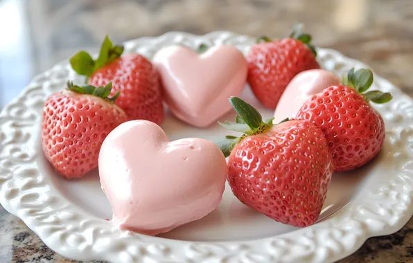 Love, berries, holiday, heart, heart, strawberry, plate, hearts