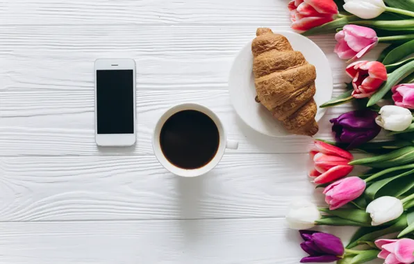 Flowers, coffee, Breakfast, Cup, tulips, pink, white, heart