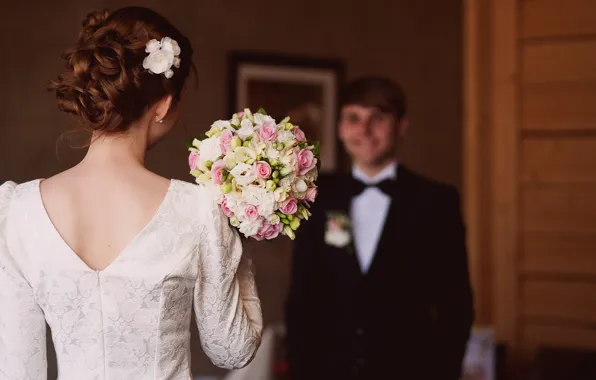Picture back, bouquet, dress, hairstyle, the bride, neckline, wedding, the groom