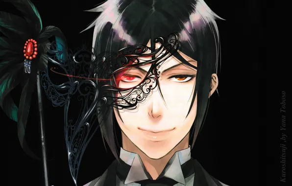 The demon, mask, red eyes, Dark Butler, in the dark, black suit, Kuroshitsuji, Sebastian Michaelis