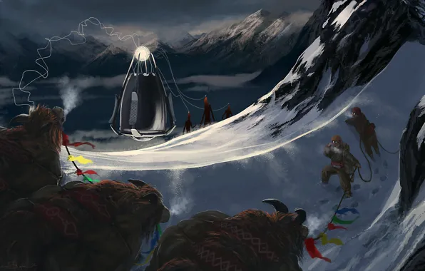 Mountains, flags, bulls, camera, Yak Attack
