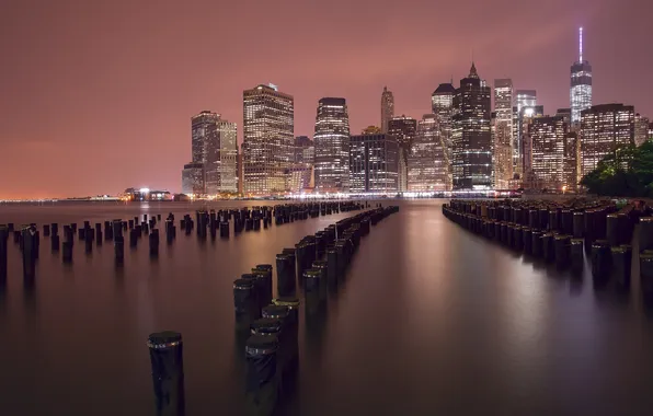 Night, the city, lights, river, New York, piles
