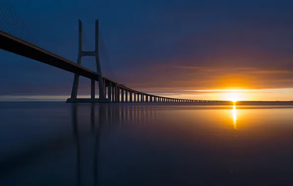 Picture sea, bridge, dawn, horizon, Portugal