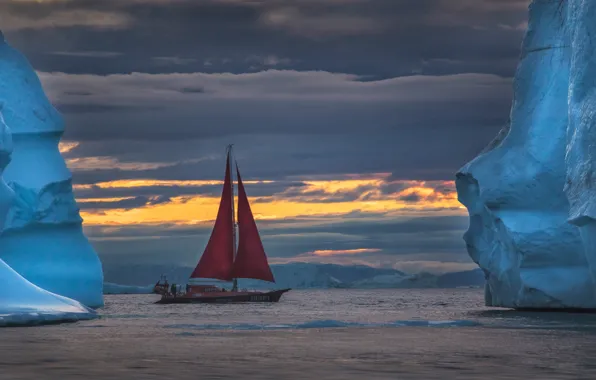 Sea, yacht, icebergs, scarlet sails, Greenland, Greenland, Disko Bay, Disko Bay
