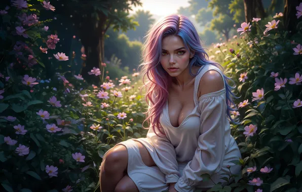 Picture summer, look, girl, flowers, pose, garden, lilac hair, AI art