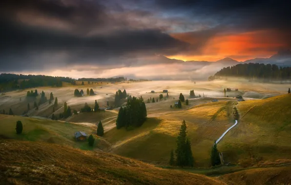 Picture forest, the sky, sunset, mountains, house, field, meadows, Krzysztof Browko