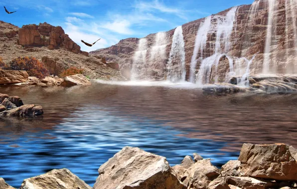 Picture the sky, mountains, birds, lake, stones, rocks, waterfall