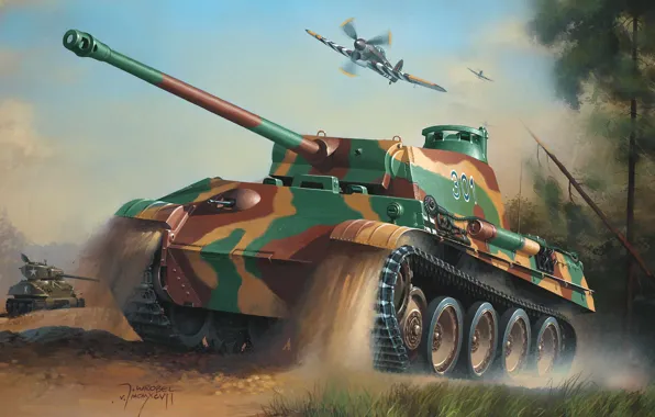 War, art, army, painting, drawing, ww2, the hawker tempest, geman tanks