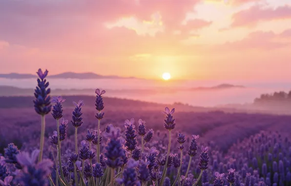 Flowers, The sun, Clouds, Dawn, Lavender, Digital art, Lavender field, AI art