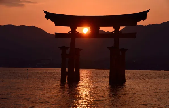 Sunset, gate, Japan, tide, Itsukushima, Torii