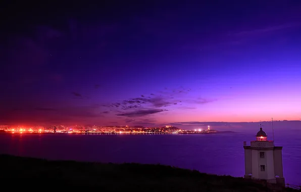 Sea, sunset, the city, lighthouse, Spain, Galicia, Mera