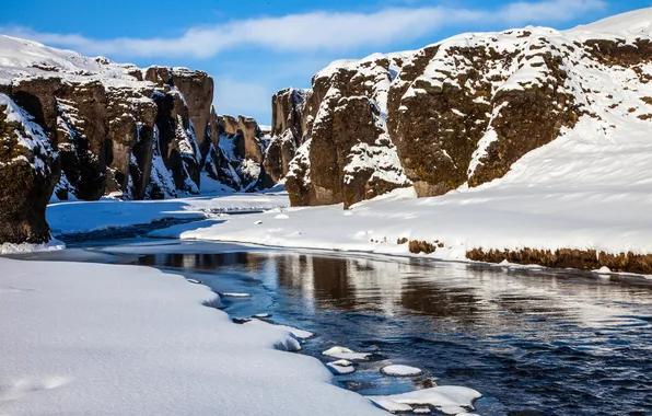 Picture winter, snow, river, rocks, Iceland