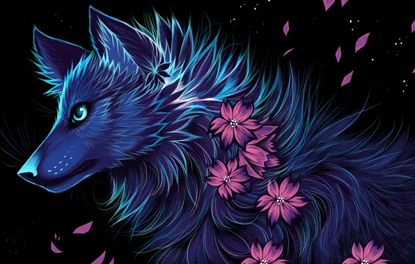 Flowers, night, wolf, myarukawolf, by myarukawolf