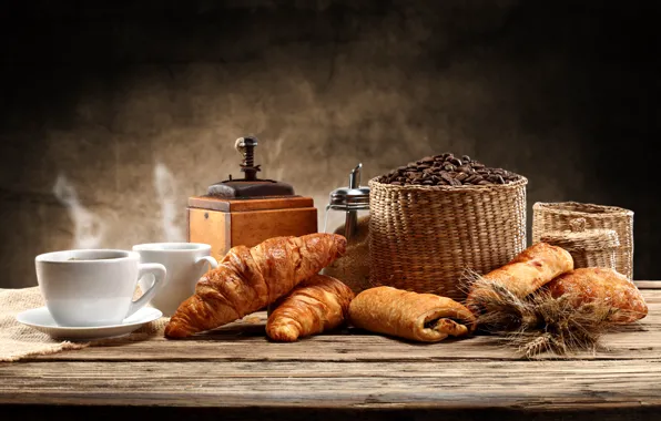 Picture coffee, bread, Cup, sugar, saucer, smoke, basket, coffee grinder