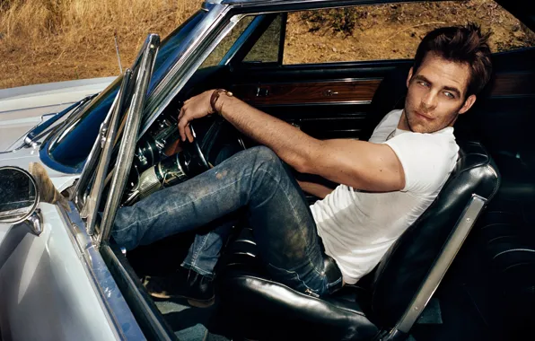 Picture machine, look, jeans, t-shirt, actor, male, sitting, Chris Pine