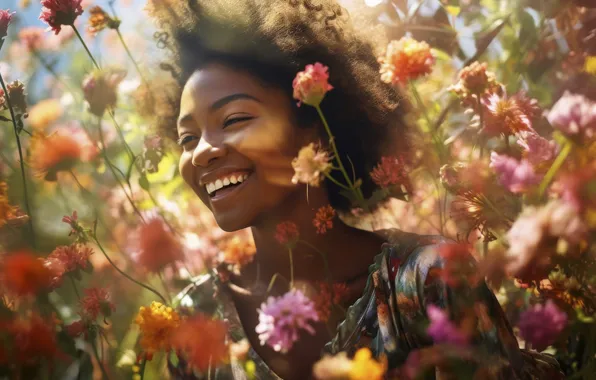 Flowers, Girl, Smile, Black woman, Joy, Digital art, AI art, The Art of Artificial Intelligence