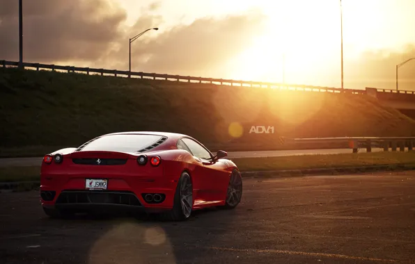 Picture the sun, red, track, the evening, car, F430, Ferrari, red