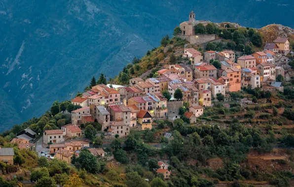 Forest, trees, landscape, mountains, the city, lights, rocks, France